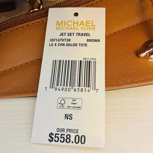 Michael Kors Purse jet set travel large chain tote shoulder bag brown signature - Picture 10 of 11